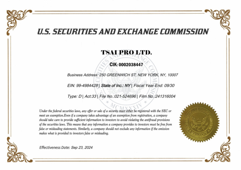 SEC CertificateTSAI PRO LTD. | PDF