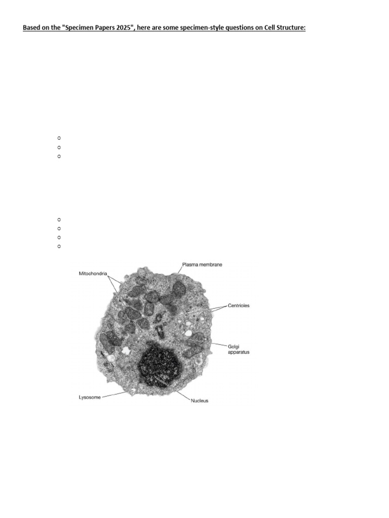 Specimen Questions on Cell Structure 2025 | PDF
