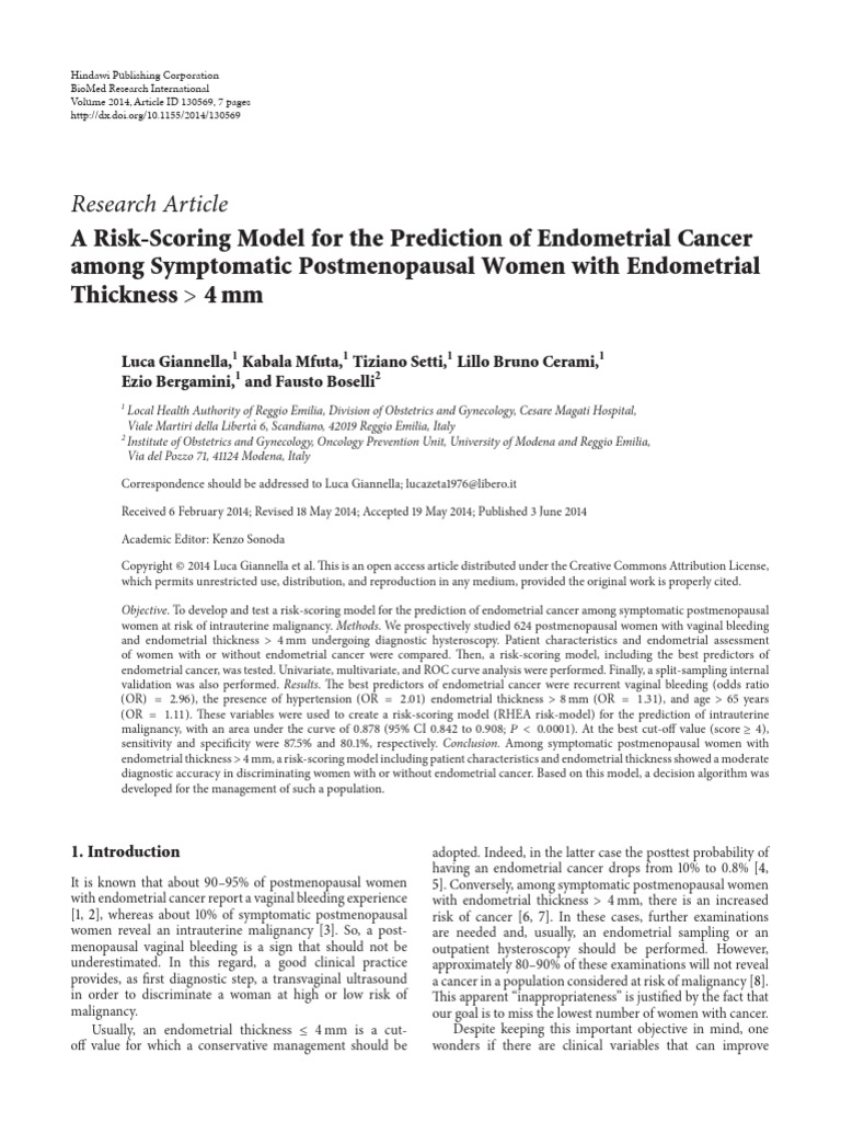 A Risk-Scoring Model For The Prediction of Endometrial Cancer Among ...