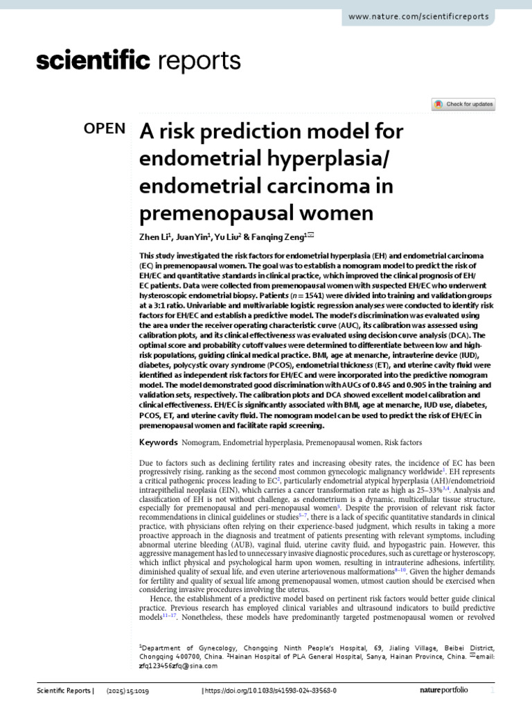 A Risk Prediction Model For Endometrial Hyperplasiaendometrial ...