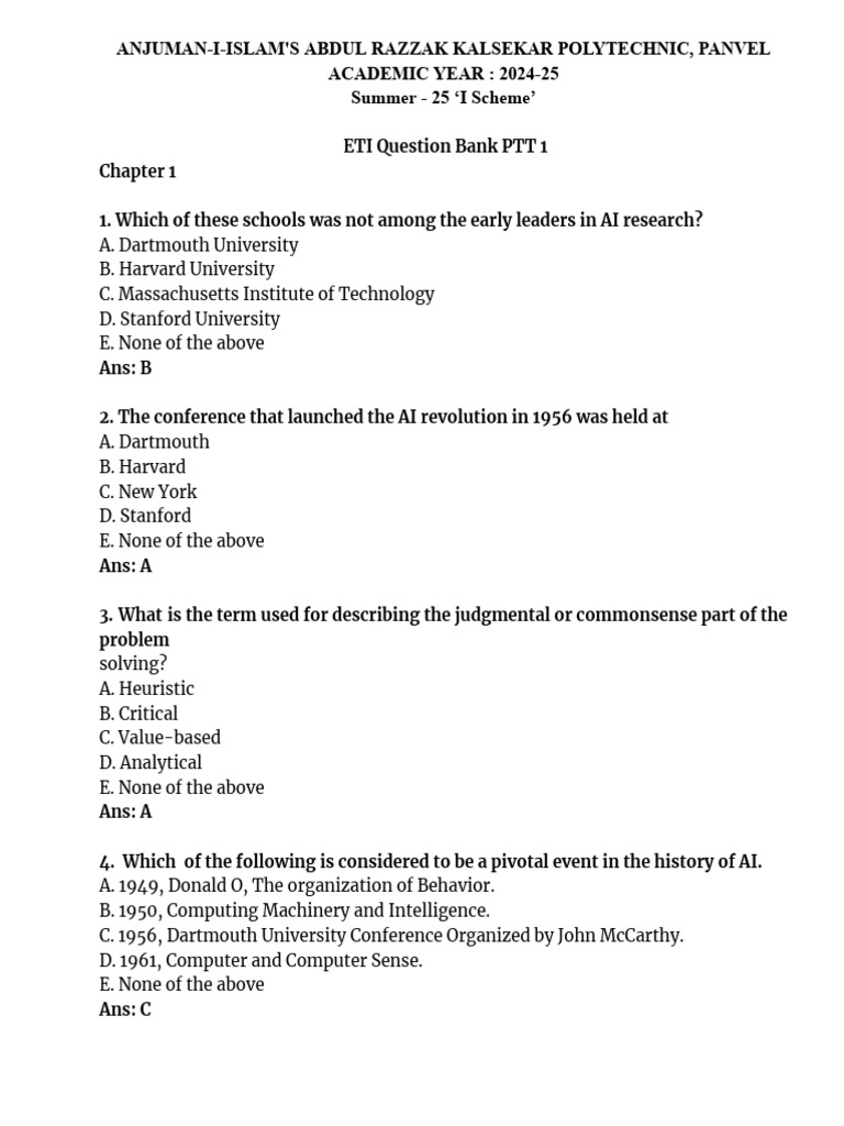 ETI Question Bank PTT1 | PDF | Artificial Intelligence | Intelligence ...