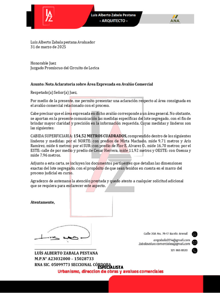 Carta Aclaración Cabida y Medidas | PDF