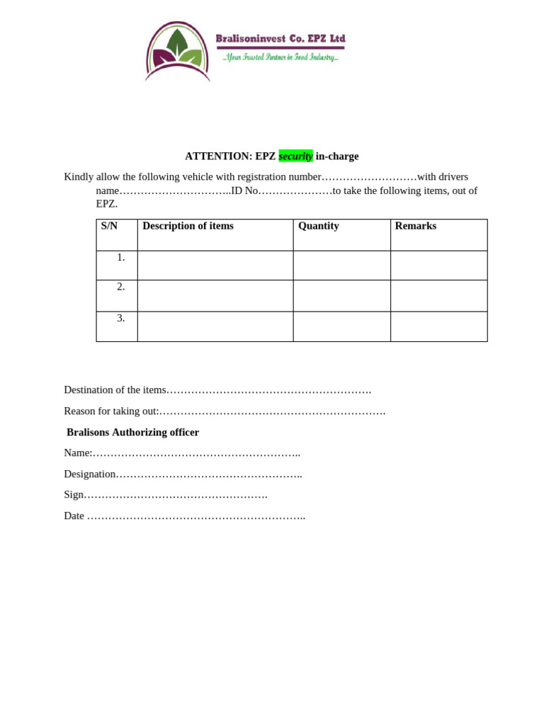 EPZ Vehicle Authorization Request Form | PDF