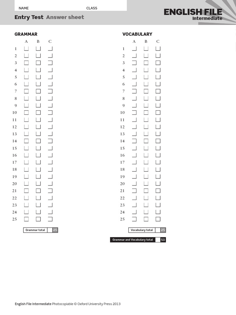 EF3e Int Entry Test Answer Sheet | PDF