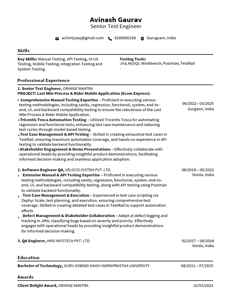 Avinash Gaurav: Senior Test Engineer Resume | PDF | Tests | Computing