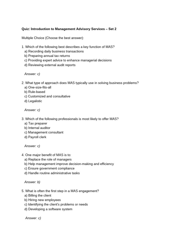 Quiz - Introduction To Management Advisory Services - Set 2 | PDF