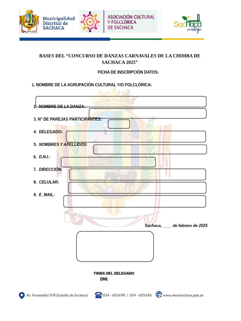 Ficha de Inscripcion Concurso de Danzas Carnavales de Sachaca 2025 | PDF