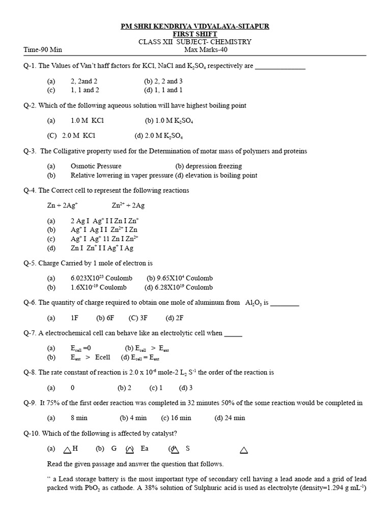 Class XII Chemistry Exam Questions | PDF | Rechargeable Battery | Cathode