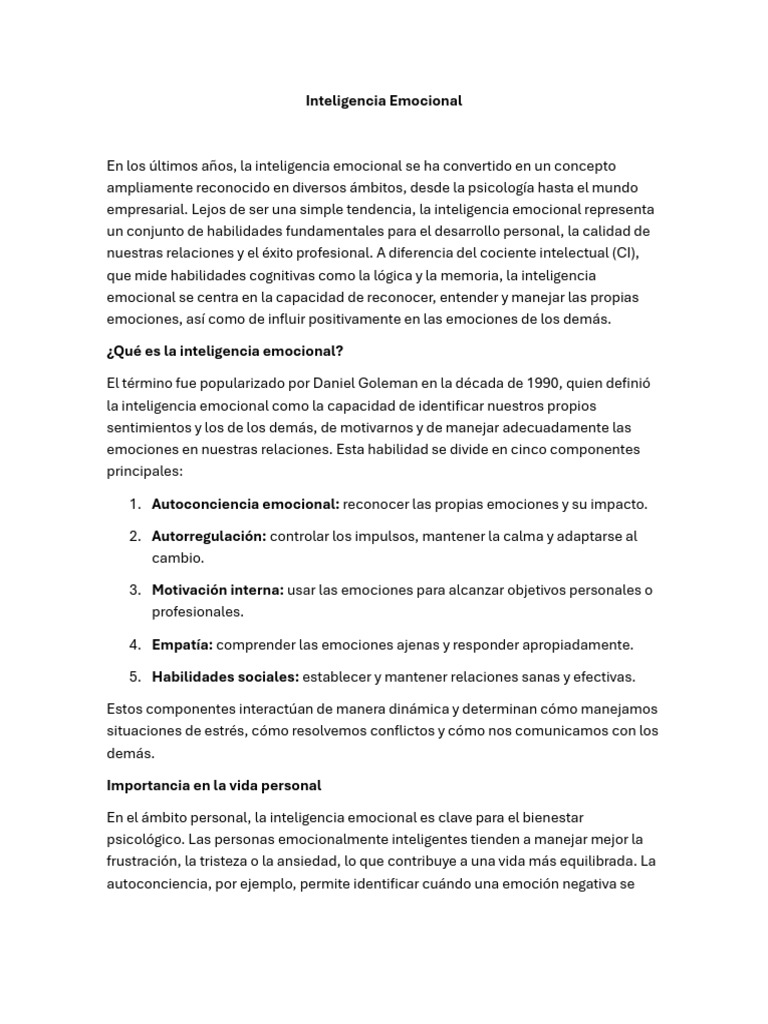 Importancia de la Inteligencia Emocional | PDF | Inteligencia emocional ...