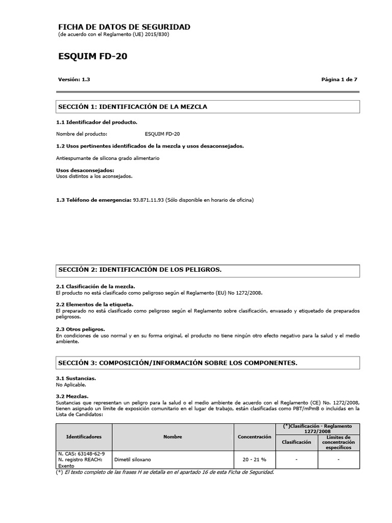 Hoja de Seguridad Antiespumante ESQUIM FD-20 | PDF | Química