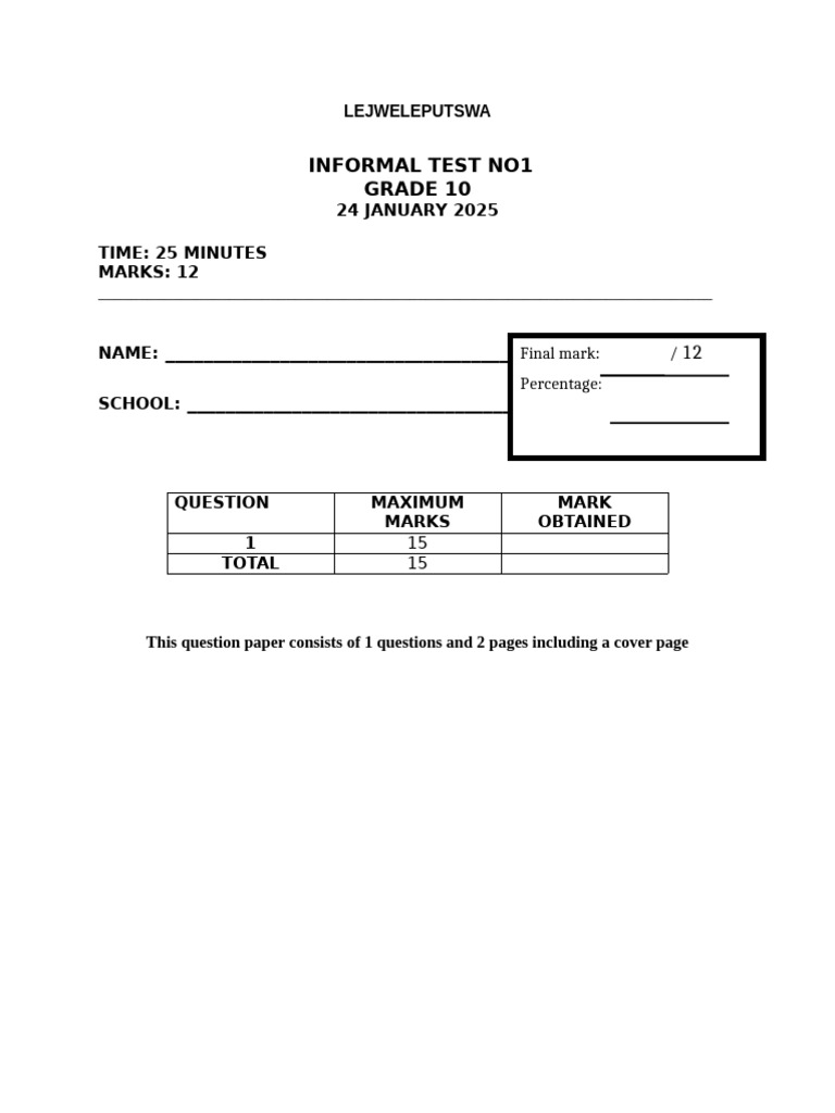 Informal Test No 1 Grade 10 | PDF | Mathematics