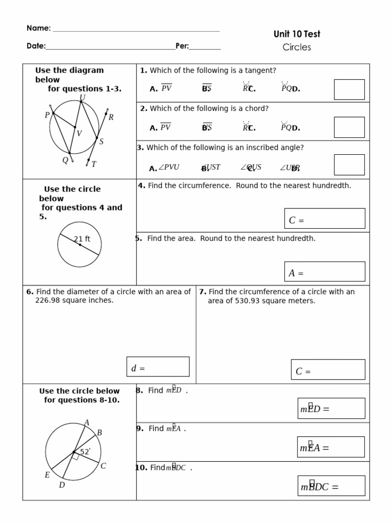Unit 10 Test (Editable) | PDF | Circle | Euclidean Plane Geometry