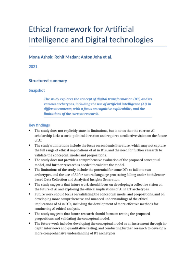 FINAL Ethical Framework For AI and Digital Technologies PDF | PDF ...