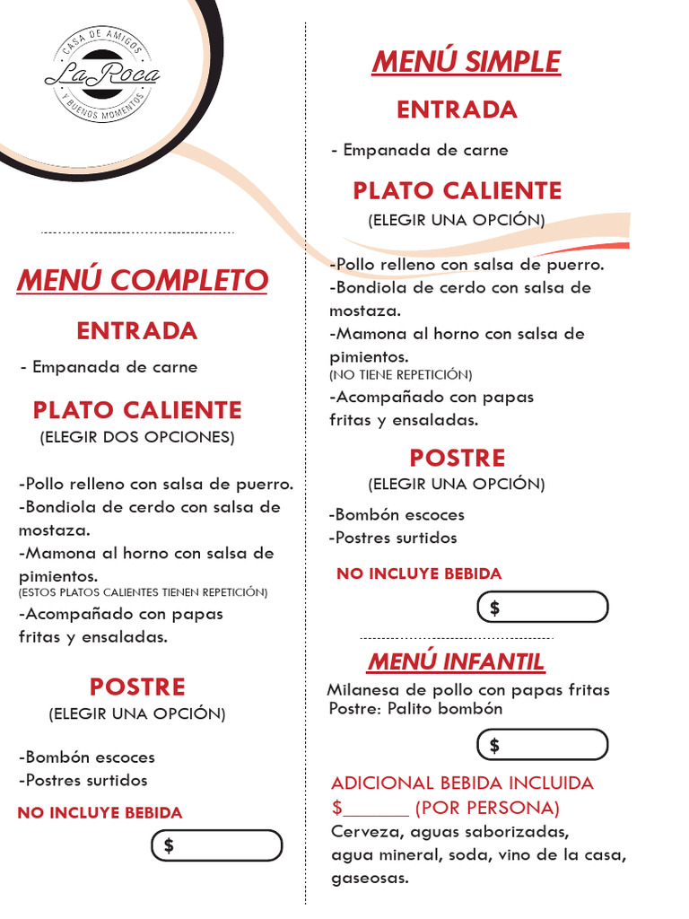 MENU LA ROCA Angosto | PDF | Alimentos | Cocina