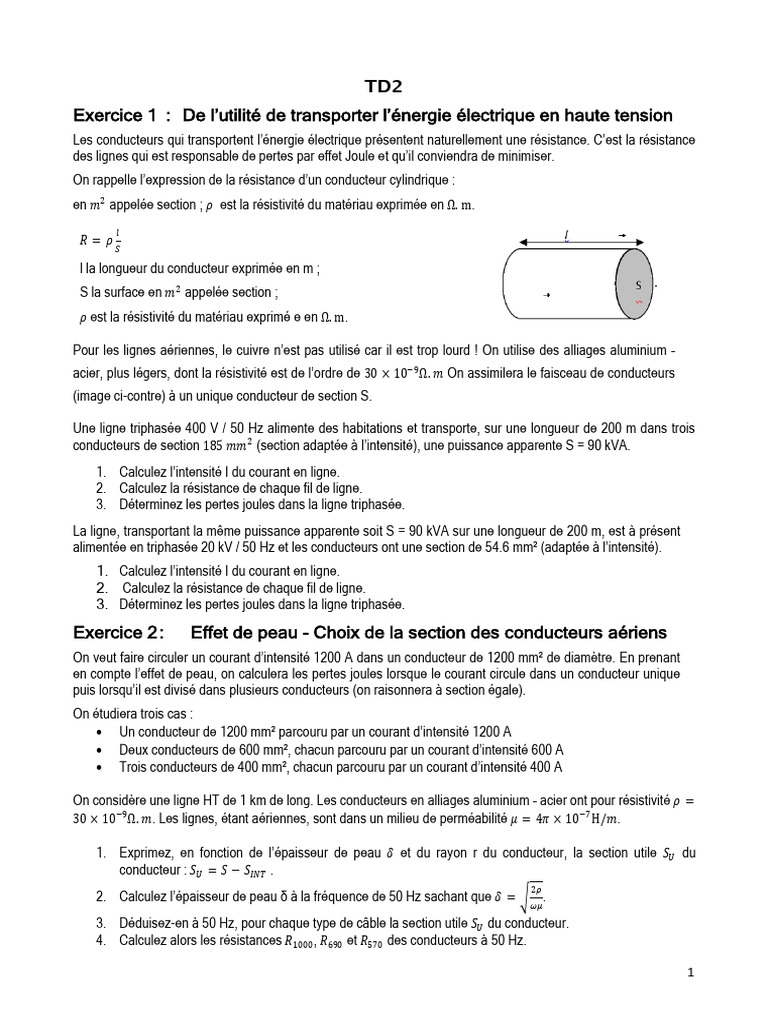TD2 2024-2025 Transport de L'énergie | PDF | Puissance (physique ...