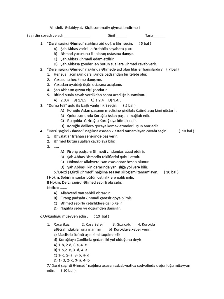 VII Sinif Əd. KSQ 1 | PDF