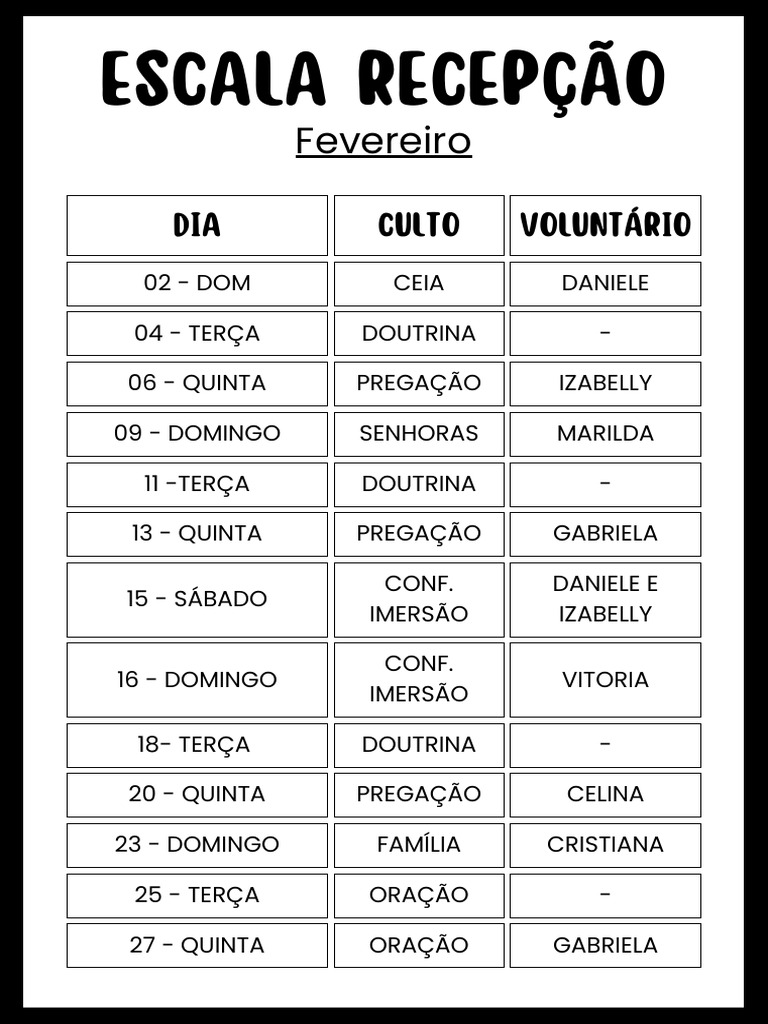 Escala de Recepção Mensal | PDF