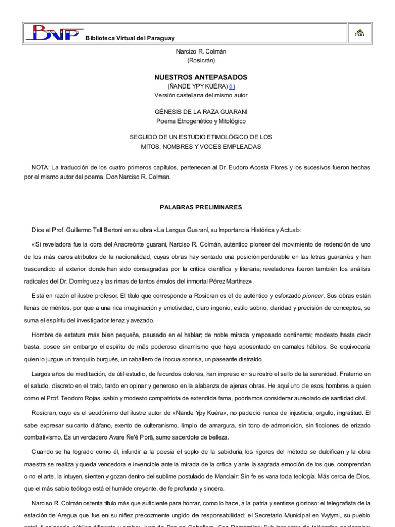 Nuestros Antepasados Nande Ypy Kuera Genesis De La Raza Guarani Poema Etnogenetico Y Mitologico Narcizo R Colman Rosicran Paraguay Portalguarani Amor Religion Y Creencia nuestros antepasados nande ypy kuera