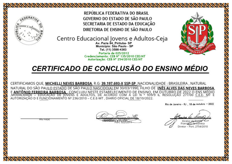 Certificado de Conclusão do Ensino Médio | PDF