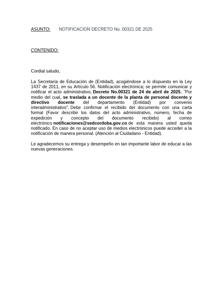 Notificación Decreto 00321 de 2025 | PDF