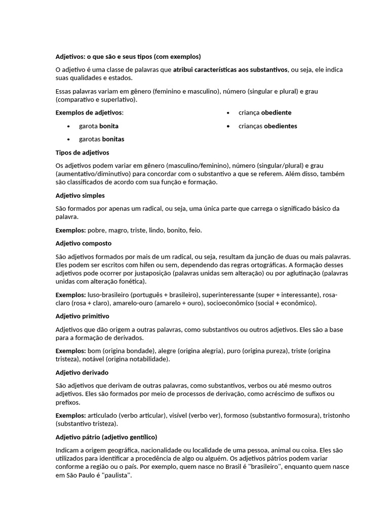 Tipos e Exemplos de Adjetivos | PDF | Adjetivo | Substantivo