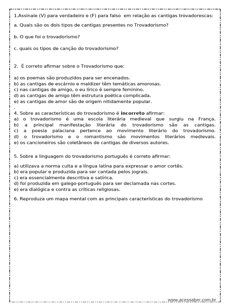 Atividades sobre Trovadorismo e Cantigas | PDF
