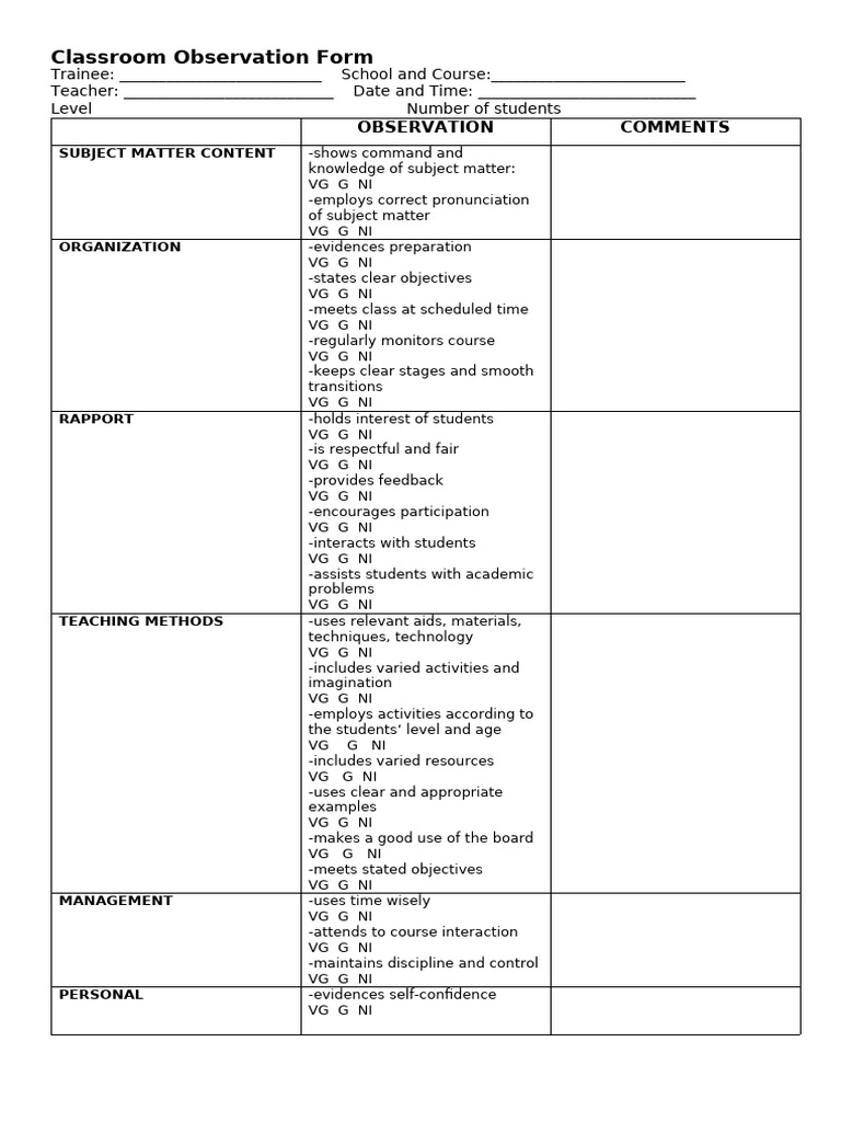 Classroom Observation Form | PDF | Teachers | Teaching Method