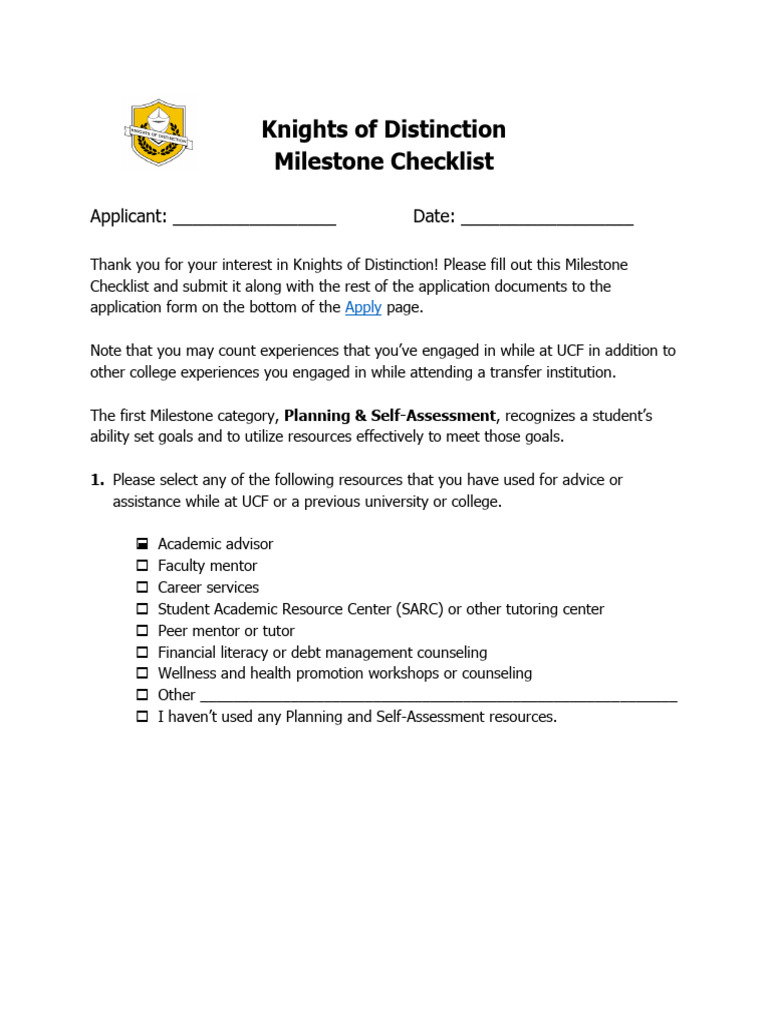 Knights of Distinction Milestone Checklist | PDF | Learning | Behavior ...