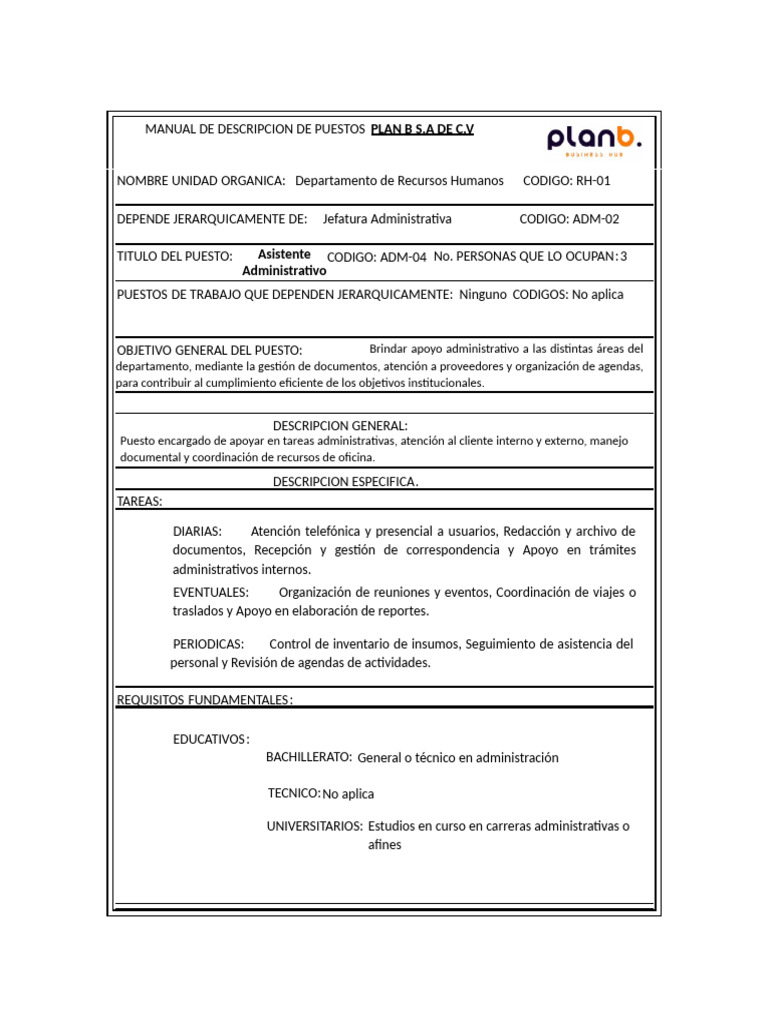 Descripción del Puesto: Asistente Administrativo | PDF | Gestión de ...