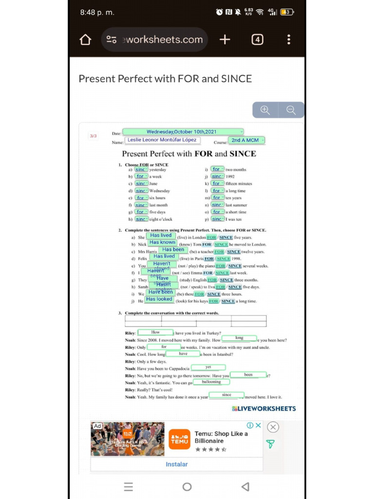 Present Perfect with For and Since | PDF
