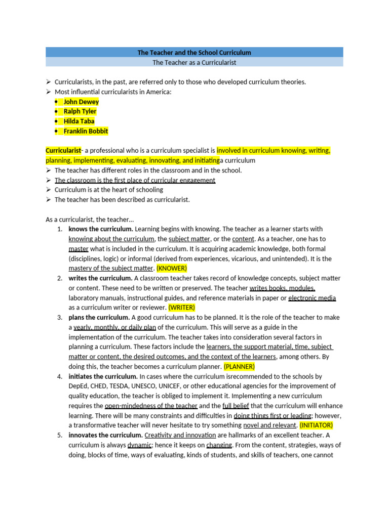 Teacher Roles in Curriculum Development | PDF | Curriculum | Teachers