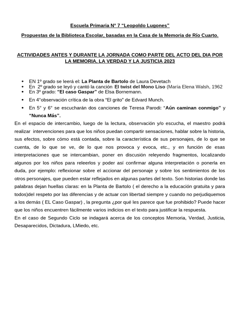 2023 - Dia de La Memoria - Actividades Ep 7 1ero A 6to | PDF