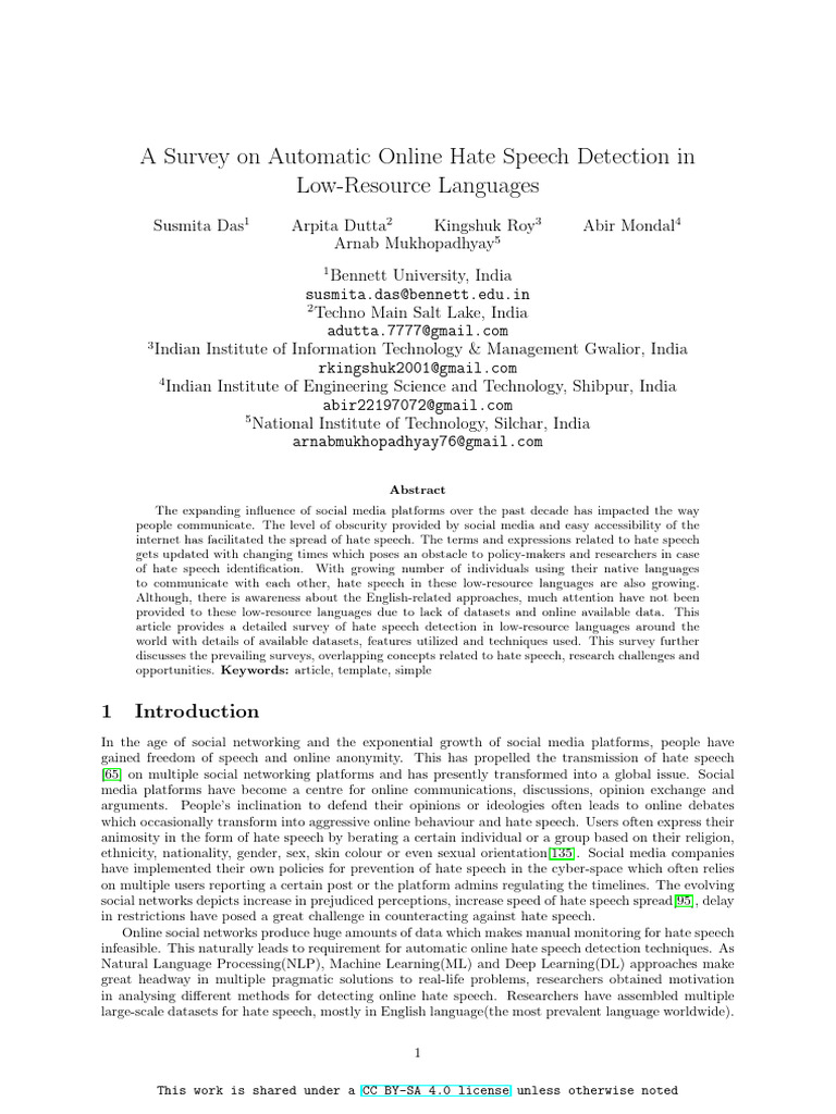 A Survey On Automatic Online Hate Speech Detection in Low-Resource ...