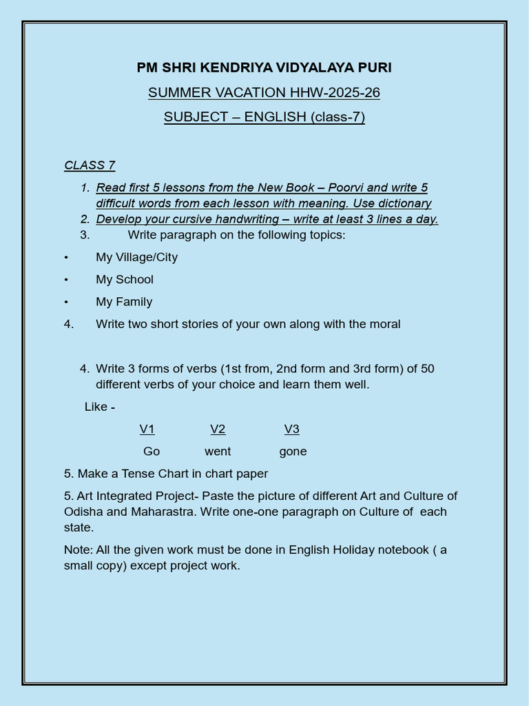 Class 7 English Summer Homework 2025-26 | PDF