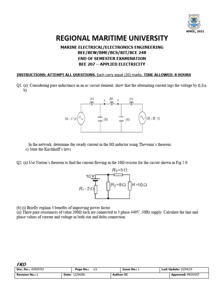 Applied Electricity Exam Questions | PDF | Inductance | Inductor