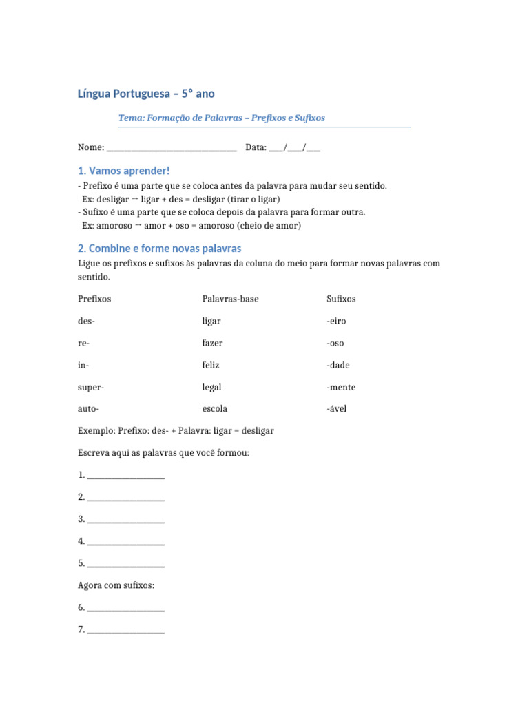 Atividades de Prefixos e Sufixos - 5º Ano | PDF