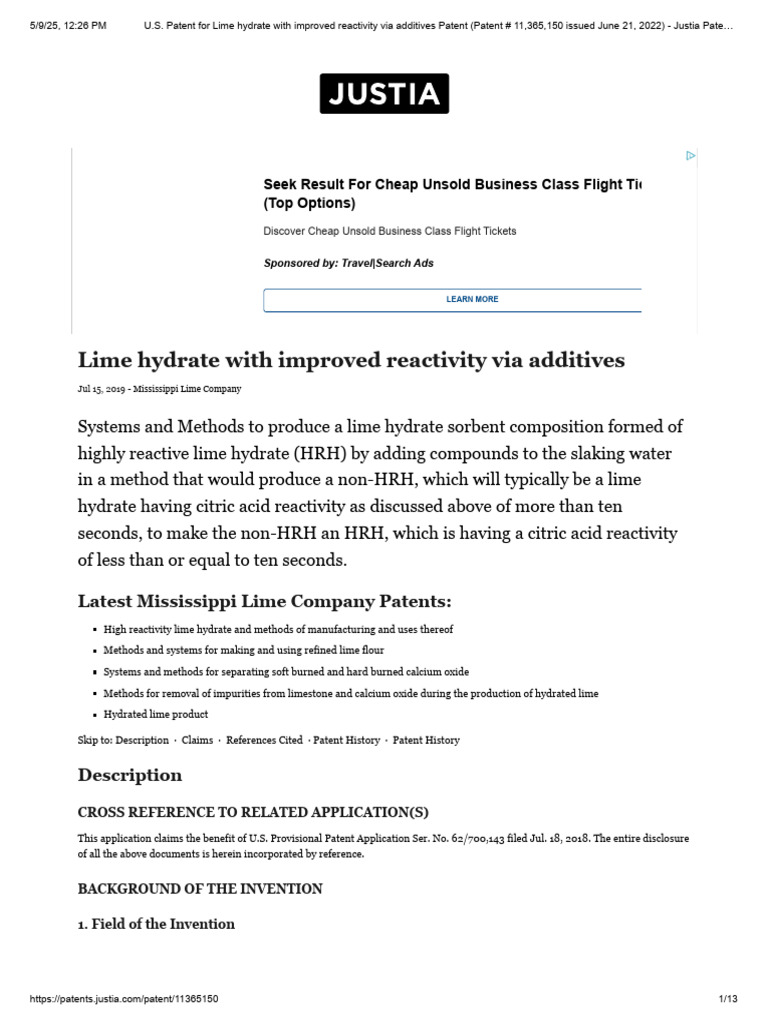 U.S. Patent For Lime Hydrate With Improved Reactivity Via Additives