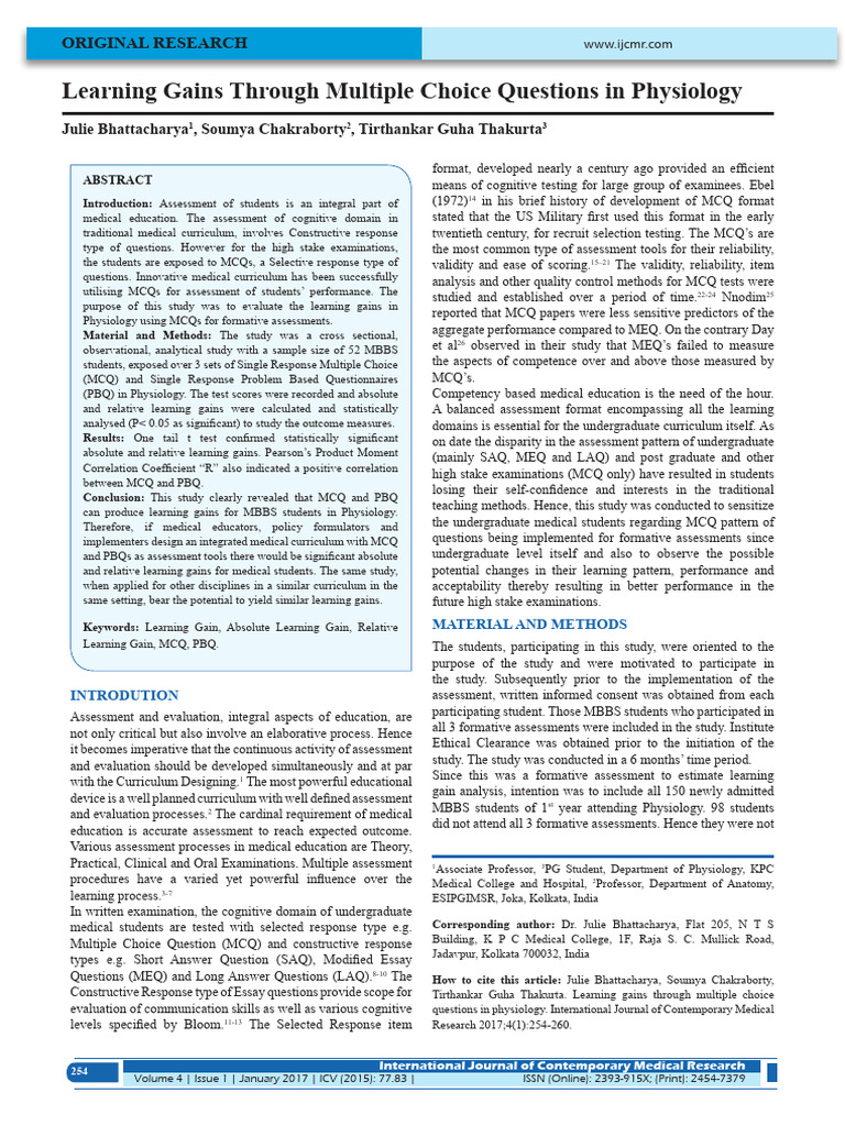 Learning Gains in Physiology via MCQs | PDF | Multiple Choice ...