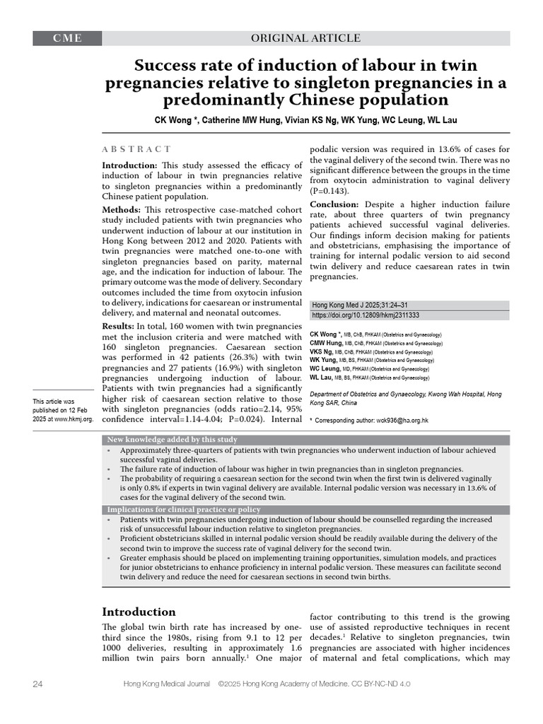 Success Rate of Induction of Labour in Twin Pregnancies Relative To ...