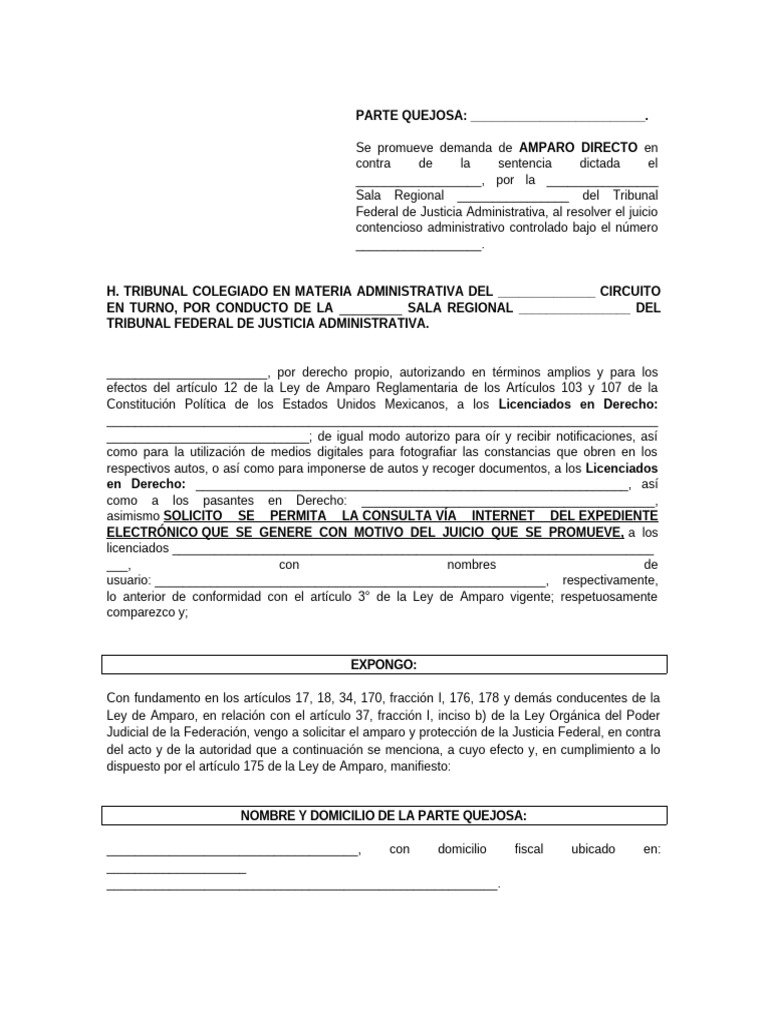 Demanda de Amparo Directo en Juicio Fiscal | PDF | Caso de ley ...