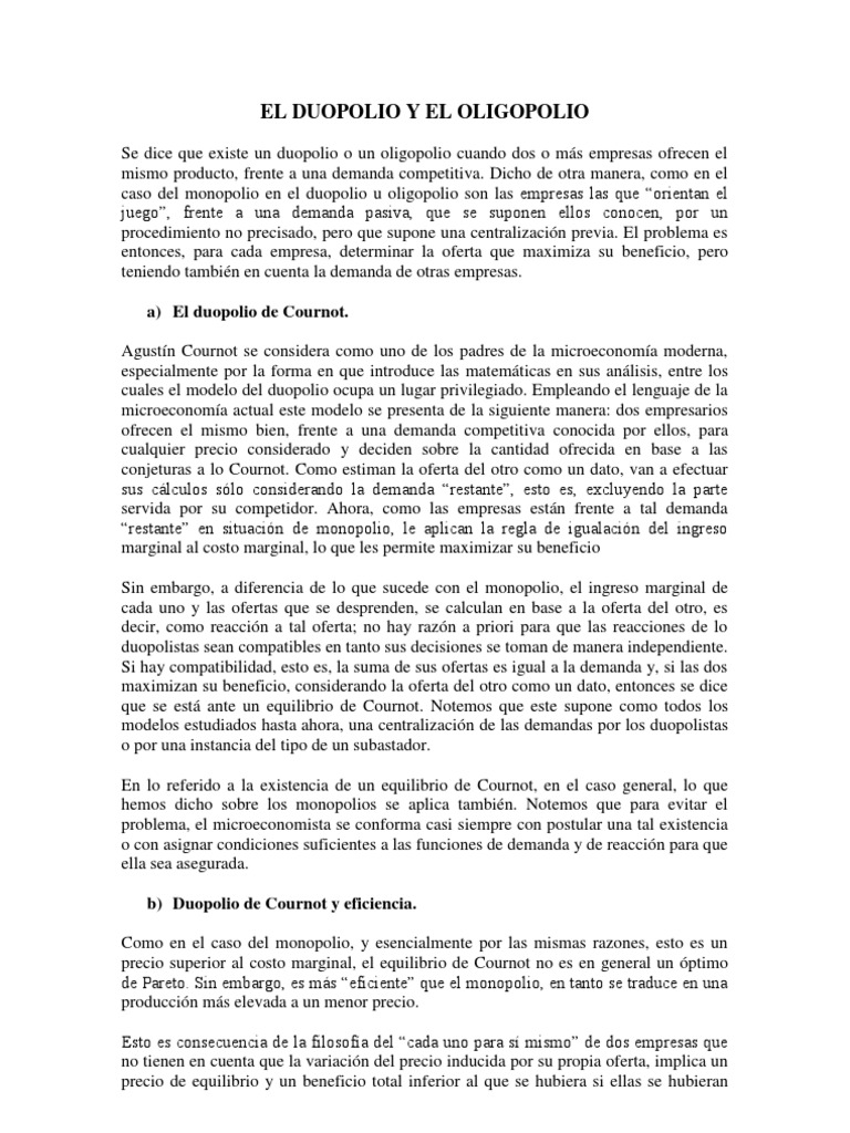 El Duopolio y El Oligopolio PDF Monopolio Oligopolio