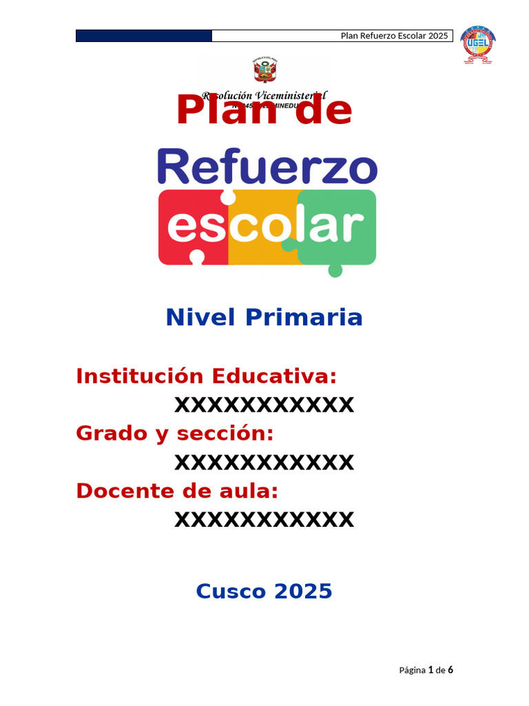 Plan de Refuerzo Escolar Primaria 2025 | PDF | Salón de clases ...