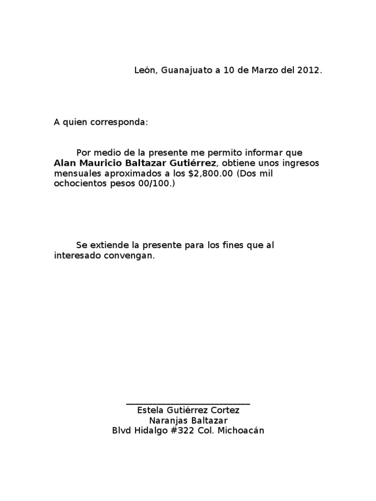 Carta De Comprobante De Ingresos Ejemplo De Carta Comprobante Cartas ...