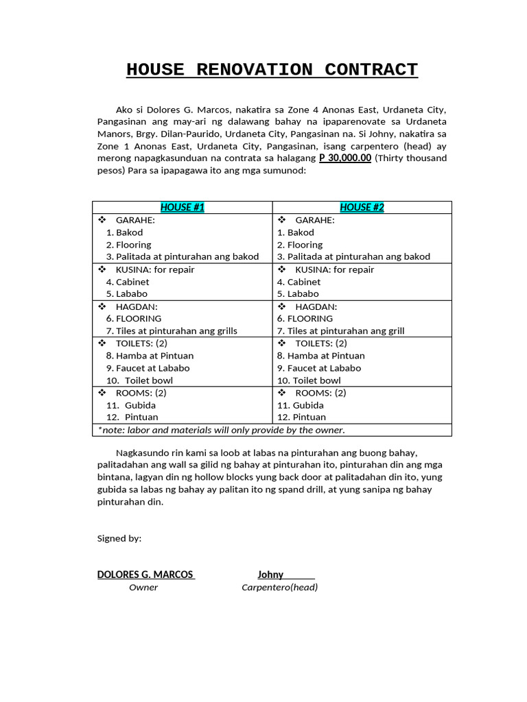 House Renovation Contract | PDF