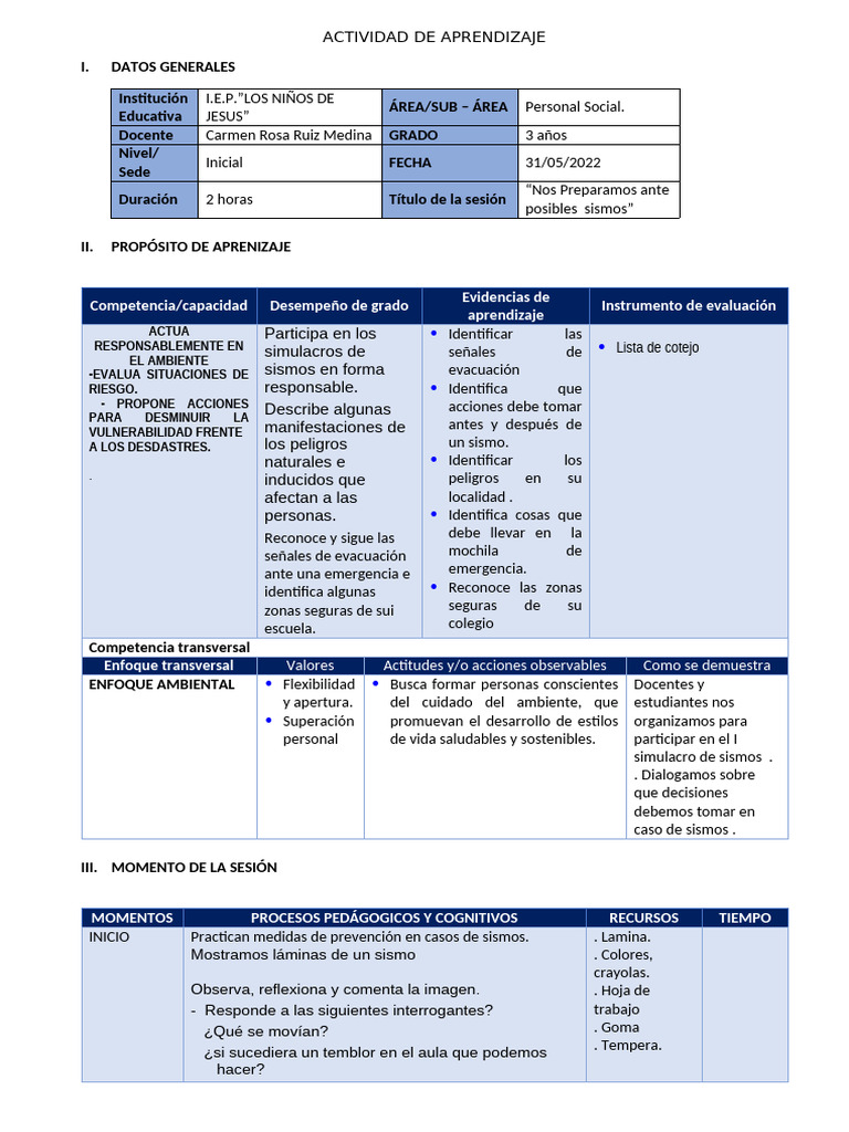 3 Años. Actividad de Aprendizaje | PDF | Aprendizaje | Cognición