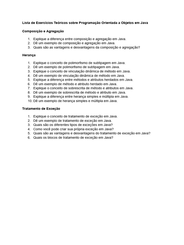 Exercícios de POO em Java: Composição, Herança e Exceções | PDF