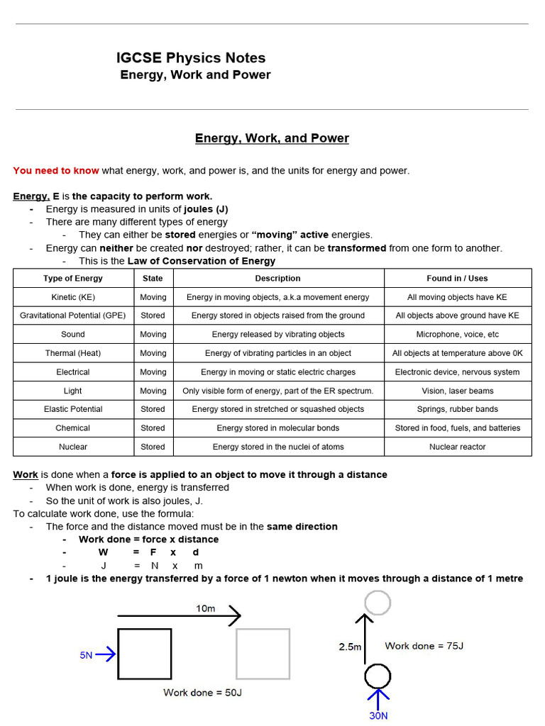 Energy Work And Power Notes Pdf Potential Energy Power Physics