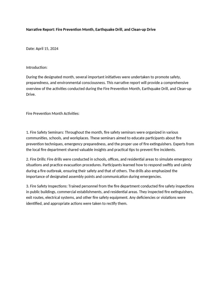 Fire Safety, Earthquake Drill & Cleanup Report | PDF | Emergency ...
