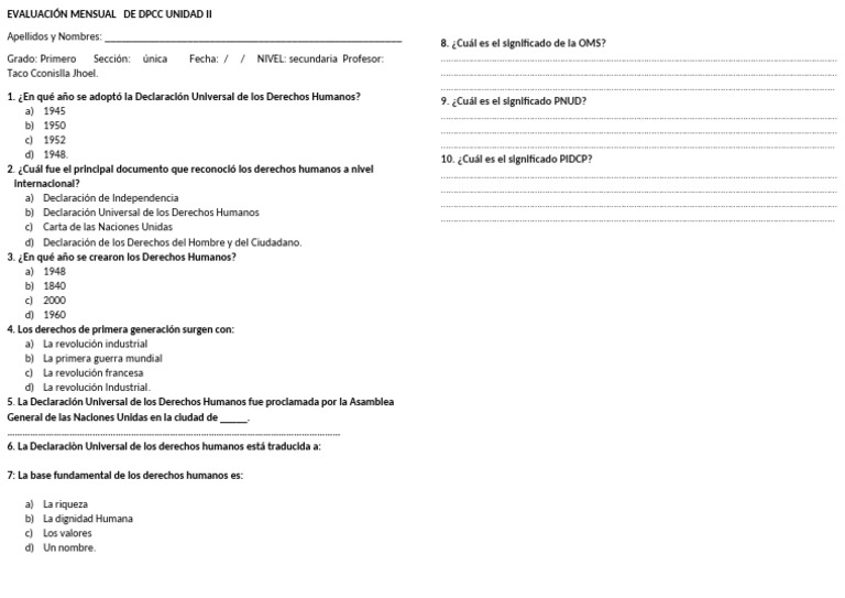 Evaluación Mensual de DPCC Unidad Ii - 5°sec | PDF | Derechos humanos ...