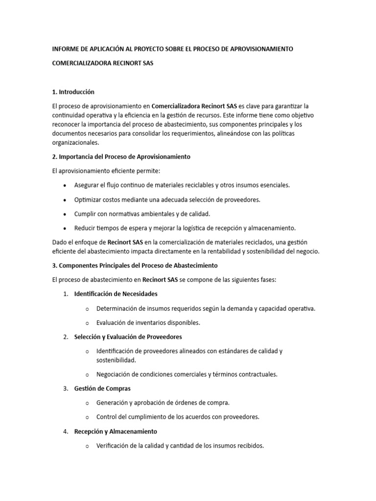 Proceso de Aprovisionamiento en Recinort SAS | PDF | Obtención ...